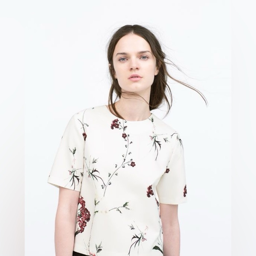 Zara White Floral Print Top Blouse XS